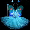 Kläder sätter 4st Kids Girls Fairy Cosplay Costume Set ärmlös klänning LED för Butterfly Angel Wing Wand pannband fancy p