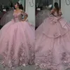 Robes de robe bal balle élégante princesse rose rose hors épaule appliques florales vestido de quinceanera Sweep Train Tulle Sweet 15 Masquerade Robe