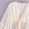 Women's Blouses Summer White Chiffon Blouse For Women Full Sleeve Hook Flower Ribbon V-Neck Female Tops Thin Sheer Ruffle Chic And Elegant