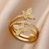 Bands Anneaux Zircon Double Butterfly Ring Womens Gold Open Multimered Fashion Wedding Party Bijoux 2024 Nouveau Q240429