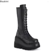 Boots 2024 Women Mid-Calf Wedge High Heel Platform Lace Up zip Ladies Pumps Female Punk Motor Motor Motioncle Black Round Toe Shoes