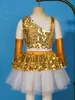 Clothing Sets Kids Girls Dance Performance Outfit Glittery Sequins Sleeveless Crop Top With Bowknot Tutu Skirt Metallic Shiny Gloves