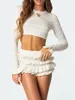 Women's Shorts Women Y2k Knit 2 Pieces Outfits Crew Neck Long Sleeve Crop Tops And Ruffles Layered Going Out Set