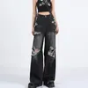 Dżinsy damskie rozryte Y2K High Street Boyfriend Pants Retro myted czarna prosta noga 2024 Moda