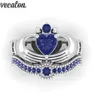 Vecalon Lovers Blue Birthstone Claddagh Anneau 5A Zircon CZ White Gold Rempeurs Bague de mariage Engagement Femme pour femmes Men Gift9280068