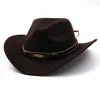 Sombreros de vaquero brote ancho fedora sólido con cinturón de cuero unisex lana de fieltro de fieltro Mujeres Men Fiesta Trilby Jazz Street Patchwor1101625