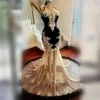 Elegant And Gold Sequin Prom Dress For Black Girls 2024 High Neck Lace Applique Party Gowns Vestido De Festa Gala 0431