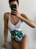 Frauen Badebekleidung 2024 Blattdruck Frauen dünne ein Stück Badeanzug Maio Biquini Mujer Trikini Banador Monokini Bikini Badpak Maillot Femme