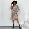 Casual Dresses Fashion Leopard Print Långärmad runda nackkvinnor Vestido Spring /Autumn Lace Up Elegant Roupas Feminina Body Sexy