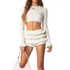 Women's Shorts Women Y2k Knit 2 Pieces Outfits Crew Neck Long Sleeve Crop Tops And Ruffles Layered Going Out Set