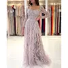 Crystal Prom Stunning Beading Dress Line Long Sleeves Illusion Evening Elegant Split Dress Special OCNS 바닥 길이 Robe de Soiree ES