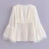 Women's Blouses Summer White Chiffon Blouse For Women Full Sleeve Hook Flower Ribbon V-Neck Female Tops Thin Sheer Ruffle Chic And Elegant