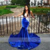 Prom Blue Sexy Royal Mermaid Veet Sheer Neck Beads Crystal ASO ASO EBI Vestido de fiesta de graduación Vestidos formales Rente de Bal