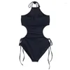 Dames zwemkleding 2024 sexy uitgesneden één stuk zwempak vrouwen massief roze vrouwelijke Monokini High Neck Halter Bathing Suit push omhoog Koreaans