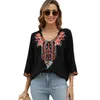 Women's Blouses Eaeovni Boho Embroidered Tops 3/4 Sleeve Mexican Peasant Shirts Bohemian Loose Tunic