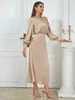 Casual Dresses Fashion Elegant Khaki Long Puff Sleeve Women Maxi Sexiga knappar En axel Satin Runway Födelsedagar Festklänning