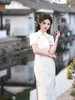 Vêtements ethniques dentelle de printemps d'été brodées à mi-longueur Qipao rétro de style républicain riz blanc élégant Mandarin collier Cheongsam