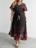 Casual Dresses Plus Size Dress Woman 2024 Summer V Neck Short Sleeve Floral Print Long Black Curvy Women Clothing
