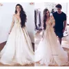Vit Modern A Line Wedding Dresses Sexig Sheer V Neck Sleeves With Applices Summer Tulle Long Bridal Bowns Plus Size 0430