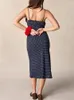 Casual Dresses Dark Blue Polka Dot Hanging Strap Midi Dress For Women French Square Collar Slim Holiday Long 2024