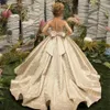 Kleid Prinzessin Gold Blumenmädchen Illusionshülle mit Bugknöpfen üppiger Rock Geburtstag Hochzeitsfeier Kinder Brautjungfer
