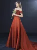 Party Dresses Brick Red Bridesmaid Prom Off The Shoulder Strapless Boat Neck A-Line Satin Train Wedding Celebrity Evening Gowns