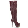 Stiefel 2024 Ankunft Frauen Knie hohe Stiletto-Ferse Wein Rot sexy runde Zehen Damen Lange Schuhe US Size 4-15