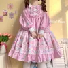 Robes décontractées japonais sweet lolita op robe femme mignon cartoon imprimer arc ruffles manches longues filles kawaii princesse fête vestidos