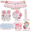 Mesa de mesa de plástico descartável 1 Conjunto de cães de cachorro rosa material de aniversário suprimentos de cachorro pata de tábua estampada xícaras guardas