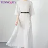 Party Dresses TESSCARA Women Elegant Pleated Dress High Quality Wedding Cocktail Robe Flare Sleeve Designer Formal Occasion Vestidos