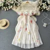 French Off Shoulder Strapless Camisole Dress Women Summer Gentle Style midja Cinched Floral Puff Sleeves Mesh Fairy Dress