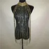 Costume Accessories Women Crop Tank Top Glitter Rhinestone Crystal Metal Chain Tassel Sexy See Through Backless Short Sleeve Festival Tops