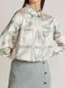 Blusas femininas femininas femininas lineares de camisa estampada geométrica top top arew lavado de seda longa com mangas compridas Blusa de gola de gola virada de trespassada longa