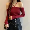 Women's T Shirts Long Sleeve Skinny Knitted Off Shoulder T-shirt Korean Fashion Hanging Neck Knitwear Lady Autumn Women Sexy Slim Tees