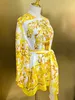 Kostüm Kleid Damen Seiden gelb und weißes Porzellan bedruckt Langarm locker minitor