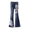 Women's Jeans Fashion Spring Women Flare Pants Vintage Floral Embroidery Long Trouser Highstreet Wide Leg Denim U160