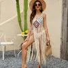 Vintage chic haken franje v-hals cover-up handhaak tassel lange jurk boho hollow out zomer vrouwelijk strandkleding