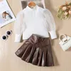 Clothing Sets IYEAL Fashion Girl Clothes Elegant Outfits Princess Kids Turtleneck Tops T-shirt PU Skirts Suits Children's