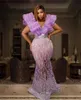 ASO EBI Light Purple Mermiad Prom Dresses For Black Girls 2022 Sexig V Neck Plus Size See Through Bottom Formal Evening OCN GOWNS 0431