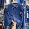 Frauenblusen Europäischer Warengericht Style Denim Shirt Frühlings- und Herbst -Top -Top -Design Sinn für kleine Menschen lange Ärmel mit