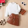 Vêtements Ensembles iyeal Fashion Girl Vêtements Elegant Princess Kids Coltweneck Off Bops Tops T-shirt Pu Jirts Suits 2PCS