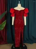 Robes de fête Femmes Off épaule Luxury Sequin Red Red Fluffy Sleeve High Slit Velvet Big Taille Sparkly Maxi Formel Evening Prom Robe