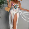 Vintage Chic Crochet Fringe V-Ausschnitt Cover-up Handhaken Quaste Langes Kleid Boho Hollow Out Sommer weibliche Strandbekleidung