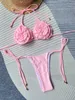 Women's Swimwear Sexy 3D Flower Micro Bikini 2024 Women Solid White Cut Out Push Up Criss Cross Thong Swimsuit Beach Bathing Suit Swimwear Y240429