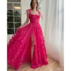 Prom -jurken sexy rosy roze spaghetti bloemen appliques avondjurken spleet semi formele rode loper lange speciale ocn jurk