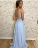 Sukienki imprezowe Prom vestido fiesta niebieska koronkowa aplikacja bez pleców V szyff szyfry linii iluzji wieczorne sukienki