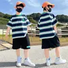 Kläder sätter högkvalitativa pojkar kläder set polo skjorta shorts 2st randig barn träning sommar sport kostym kläder barn 5-14 år