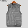 Men tanks tops malha retalhos de retalhos transparentes respiráveis o-pescoço sem mangas homens sexy roupas de verão coletes de moda de verão s-5xl incerun 240429