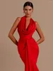 Casual jurken modphy vrouwen sexy backless mouwloze halter v-neck rood gedrapeerde maxi long bodycon jurk 2024 elegante Pary Evening Wedding