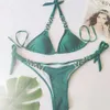 Dames badmode 2024 Nieuw zwempak sexy stropdas vaste kleur dames split kristallen ketting bikini mode zwempak